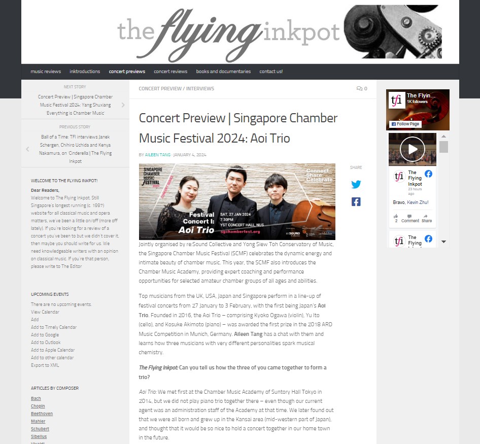 Concert Preview | Singapore Chamber Music Festival 2024: Aoi Trio